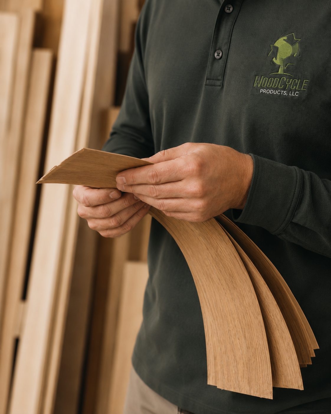 Hands inspecting a wood veneer sheet during grading