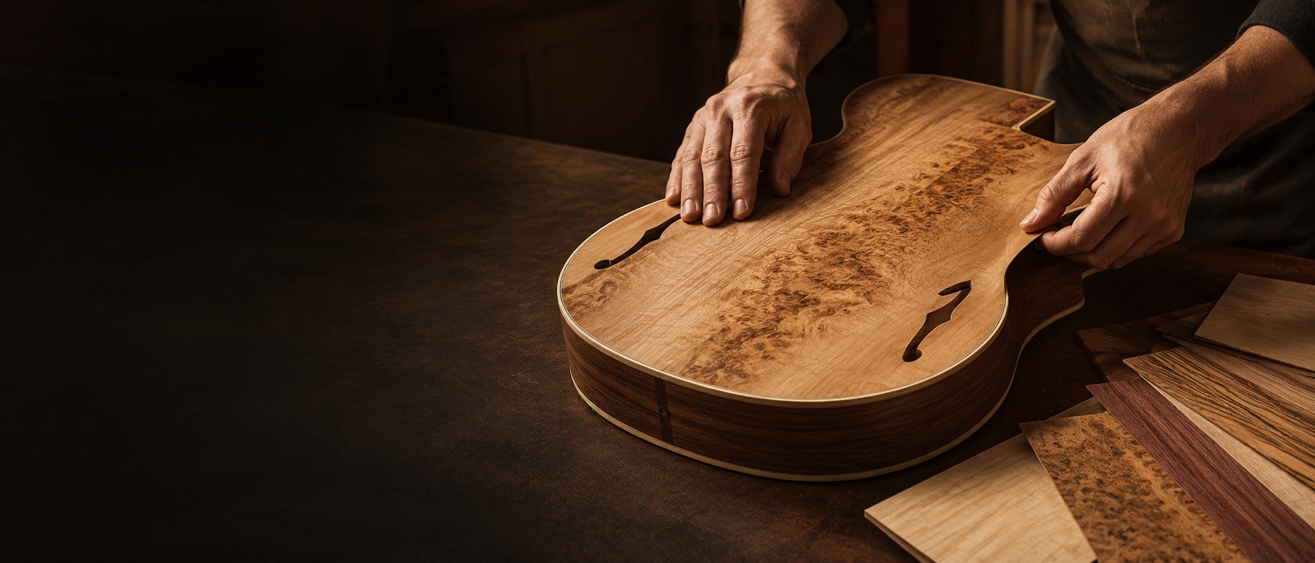A luthier hand fitting a veneer top