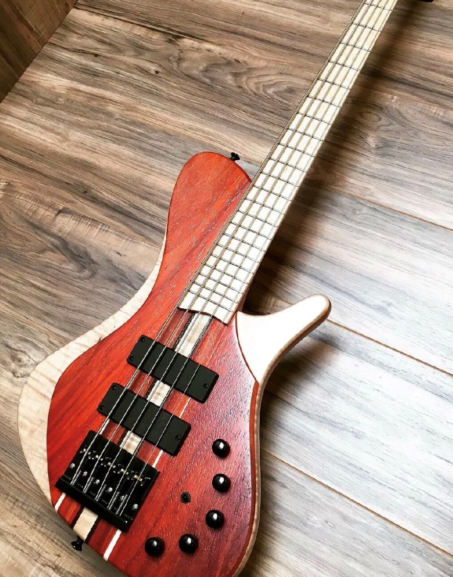 Custom bass guitar built with WoodCycle wood veneer