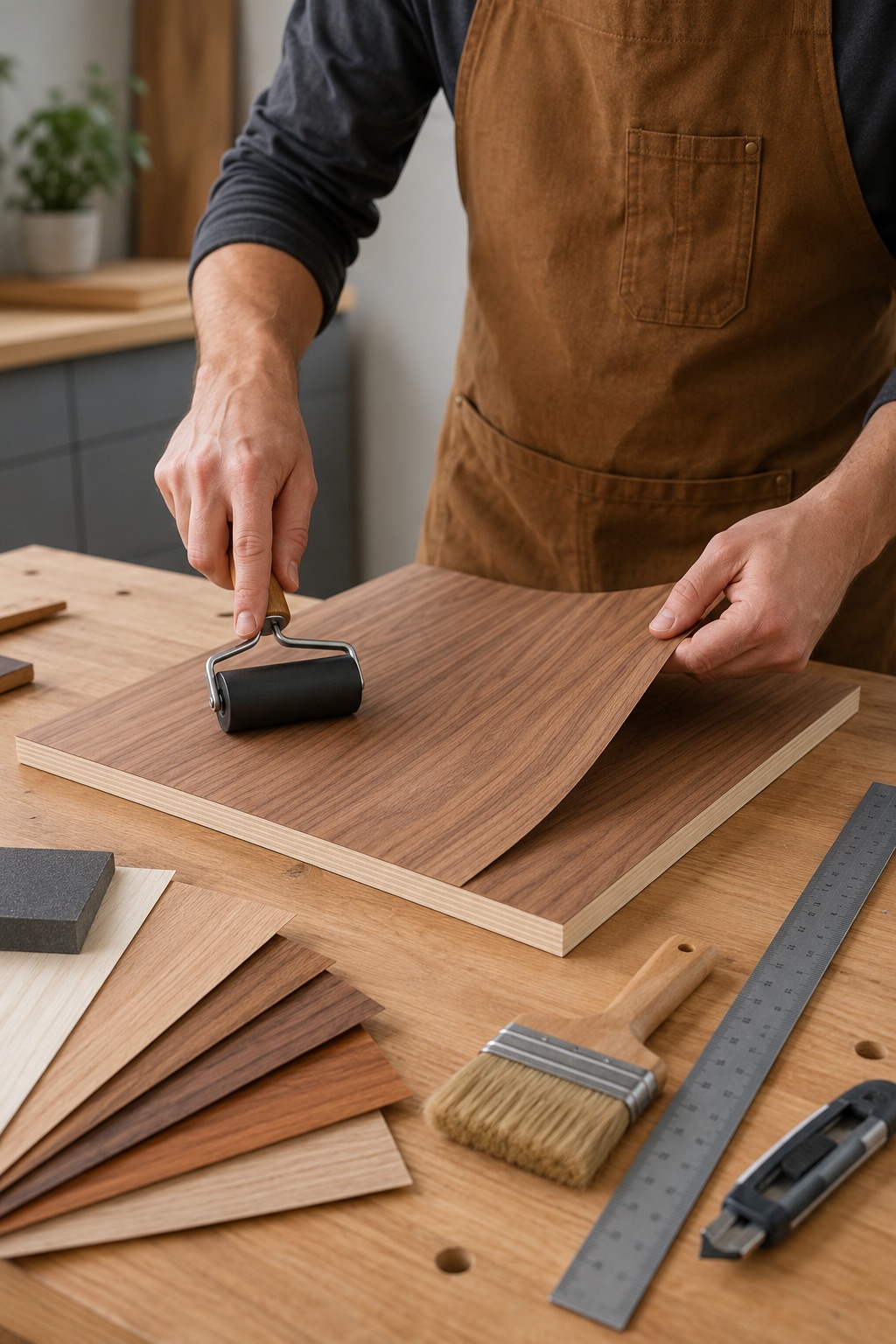 Applying wood veneer with a roller