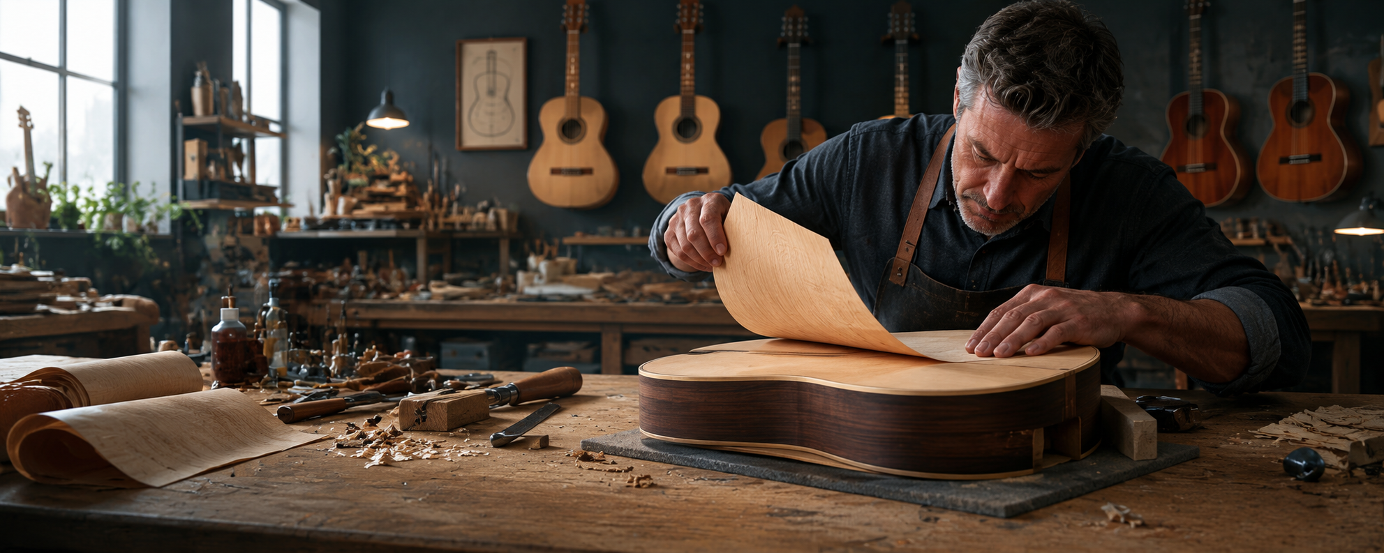 A maker applying wood veneer in a guitar workshop