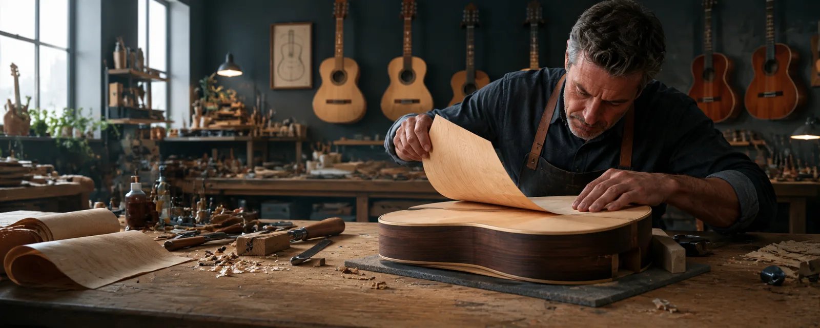 A luthier laying a thin veneer sheet onto a guitar body